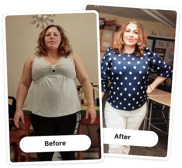 Before and after weight loss results for Ashley F.